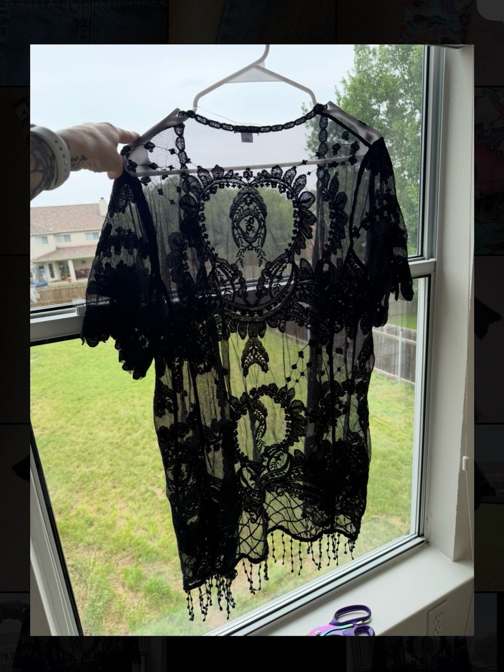 Sheer Black Embroidered Lace Kimono Cardigan with Beaded Fringe